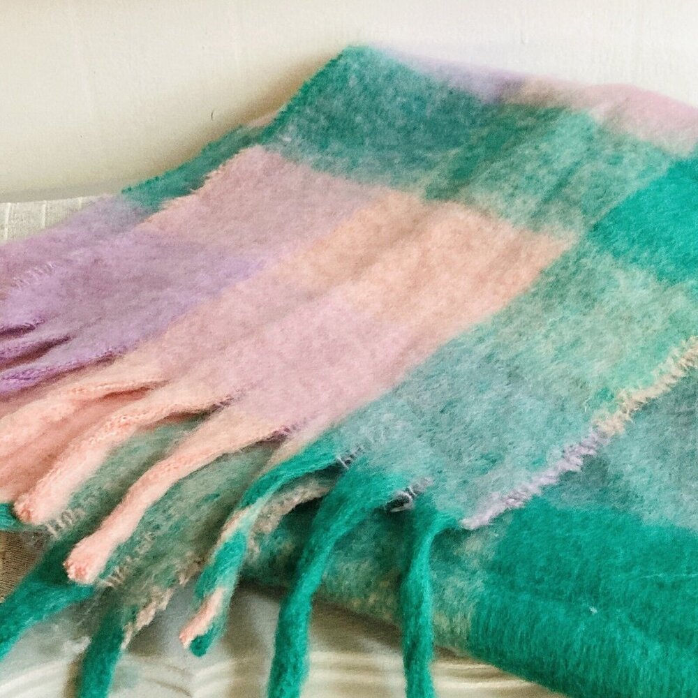 Winter Scarf Wide Fuzzy Soft Faux Mohair Artsy Pastel Plaid Fringed Wrap